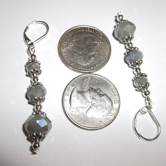 Long Gray Earrings Grey Silver Lever Back Dangle Drop Beaded Handmade Set C825 - Picture 3 of 4